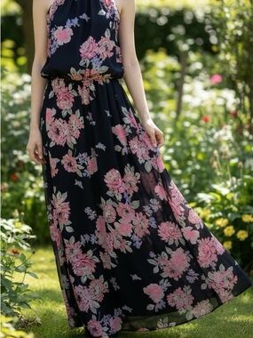 Old Navy Floral Chiffon Maxi Dress Women’s Size M Blue Sleeveless Lightweight